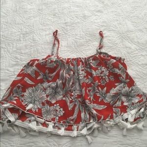 Sheer tropical print fringe crop top